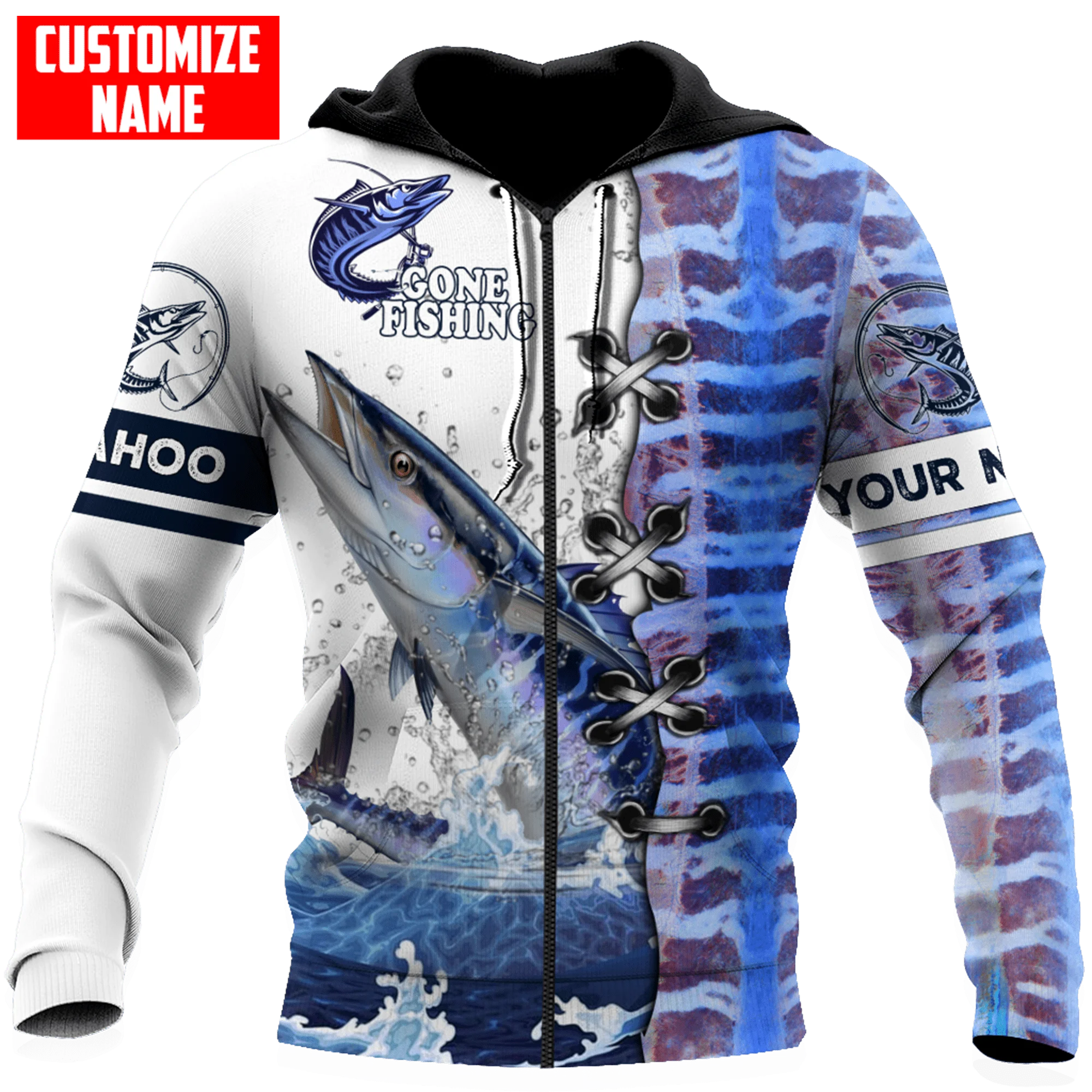 Wahoo Fish Gone Fishing, sudadera con capucha y sudadera con estampado 3D de nombre personalizado para hombre, sudaderas con cremallera Unisex de otoño, ropa de calle informal KJ833 - imagen 3
