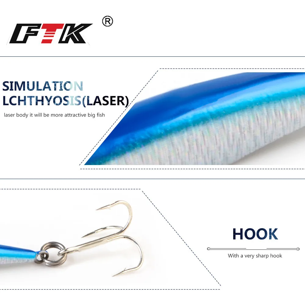 FTK-señuelo de pesca en el mar, anzuelo triple, ojos 3D, Jigging duro de Metal, aparejos de pesca, 40g, 60g - imagen 3