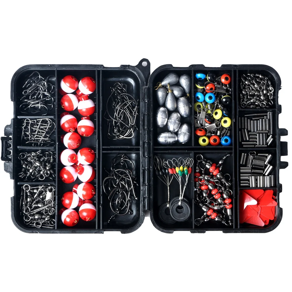263 unids/set Kit de accesorios de pesca que incluye anzuelos, balas, lubina, pesas giratorias, broches, diapositivas, caja de aparejos
