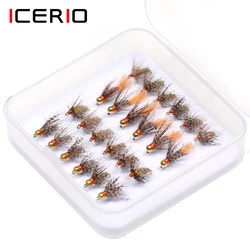 ICERIO-señuelo de pesca con forma de mosca, 24 unids/caja, cabeza de cuentas de tungsteno/latón