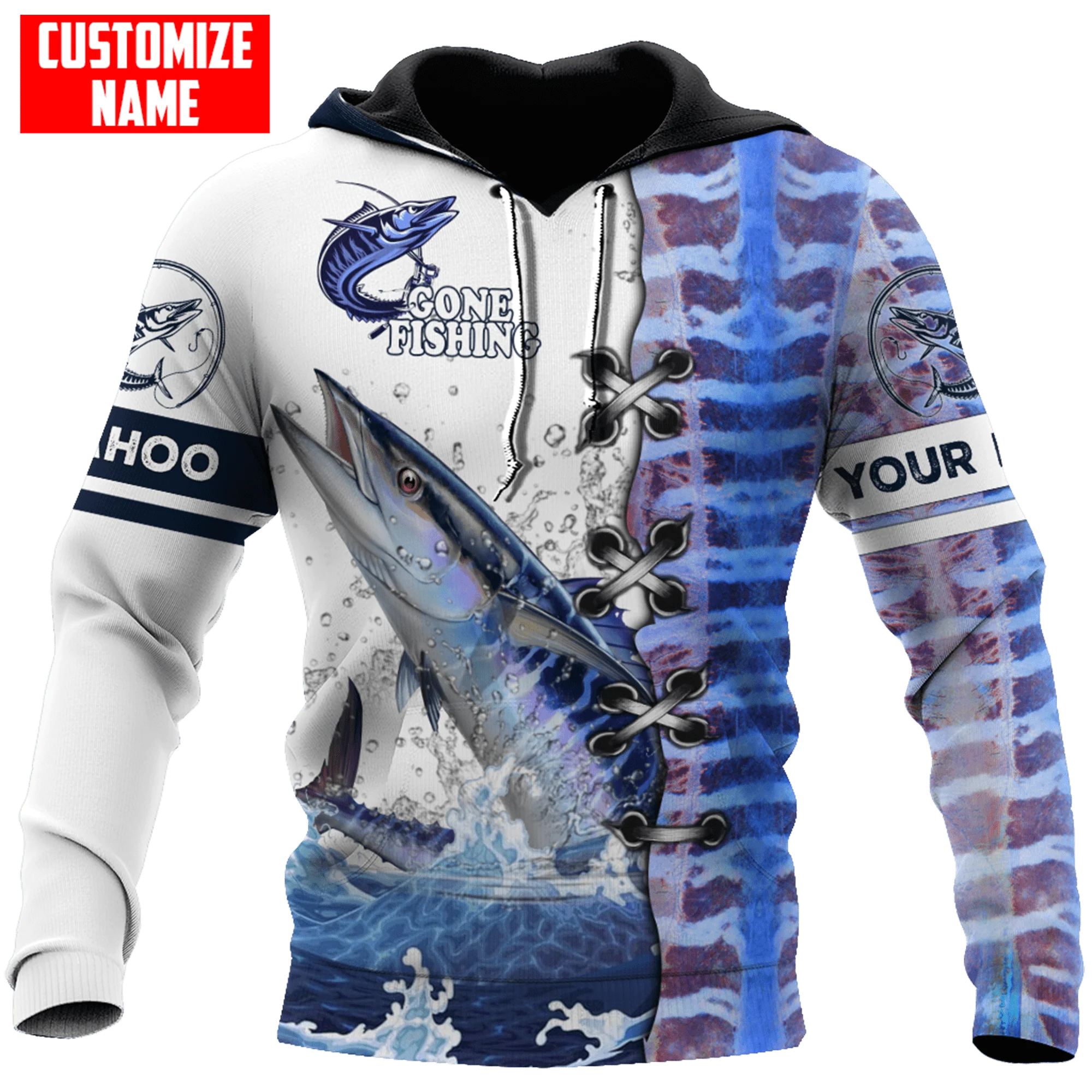 Wahoo Fish Gone Fishing, sudadera con capucha y sudadera con estampado 3D de nombre personalizado para hombre, sudaderas con cremallera Unisex de otoño, ropa de calle informal KJ833 - imagen 4