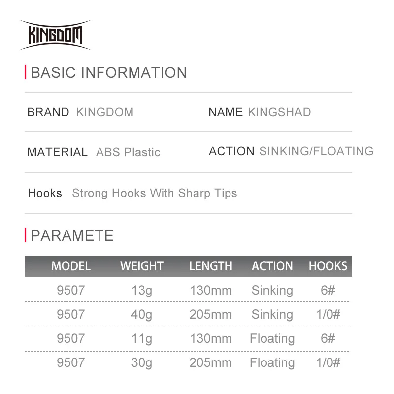 Kingdom-Señuelos de Pesca de 205mm, 130mm, 13g, 40g, 11g, 30g, cebos duros artificiales de fundición larga flotante, aparejos de pesca - imagen 2