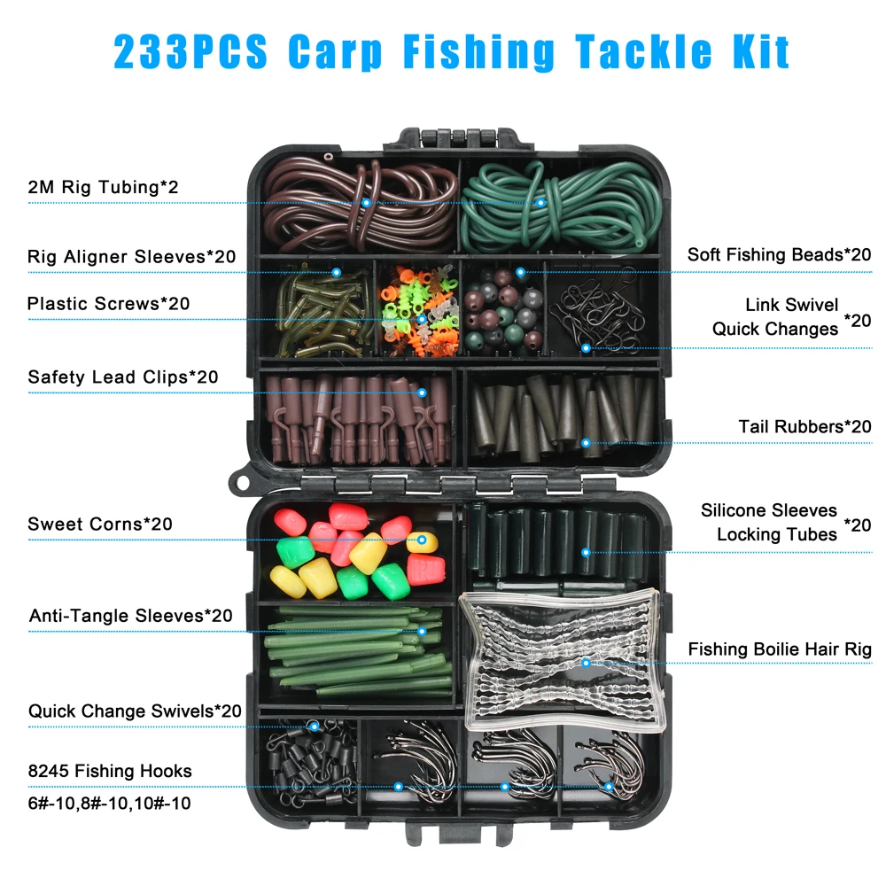 Caja de aparejos de pesca de carpa, ganchos giratorios de seguridad, tornillo de cebo, mangas antienredos, cuentas, accesorios de cebos de maíz, 233 unids/lote - imagen 2