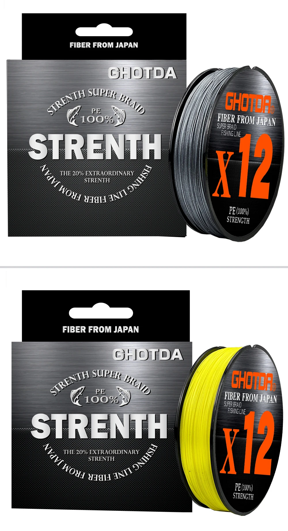 Dos carretes de hilo de pescar. Los carretes están etiquetados como GHOTDA STRENGTH SUPER BRAND y Fiber from Japan.