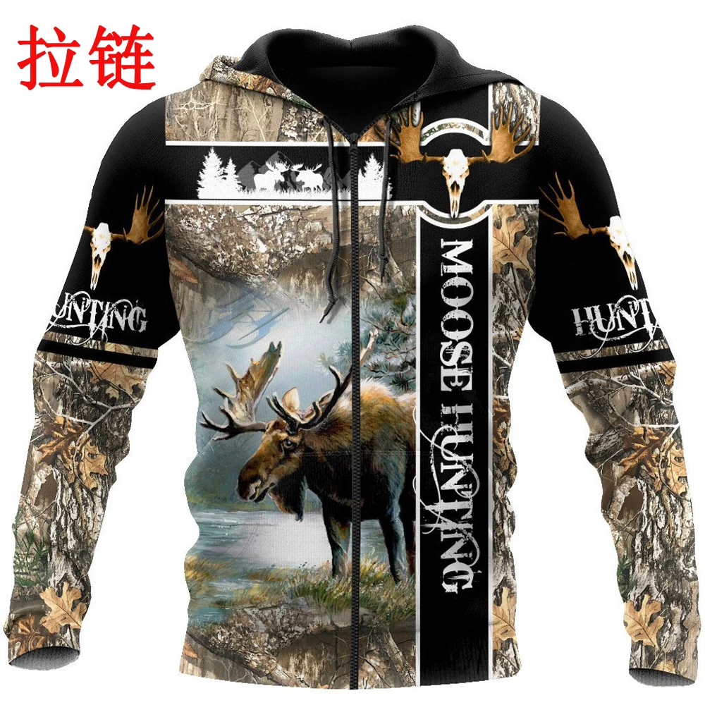 Moose Hunting Camo 3D completamente estampado Sudadera con capucha hombres sudadera Unisex ropa de calle jersey con cremallera chaqueta Casual chándales KJ0232 - imagen 3