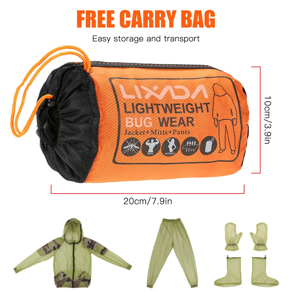 Lixada-Chaqueta repelente de mosquitos para exteriores, traje de malla con capucha, ropa de pesca y caza, conjunto de guantes protectores contra insectos y pantalones - imagen 5