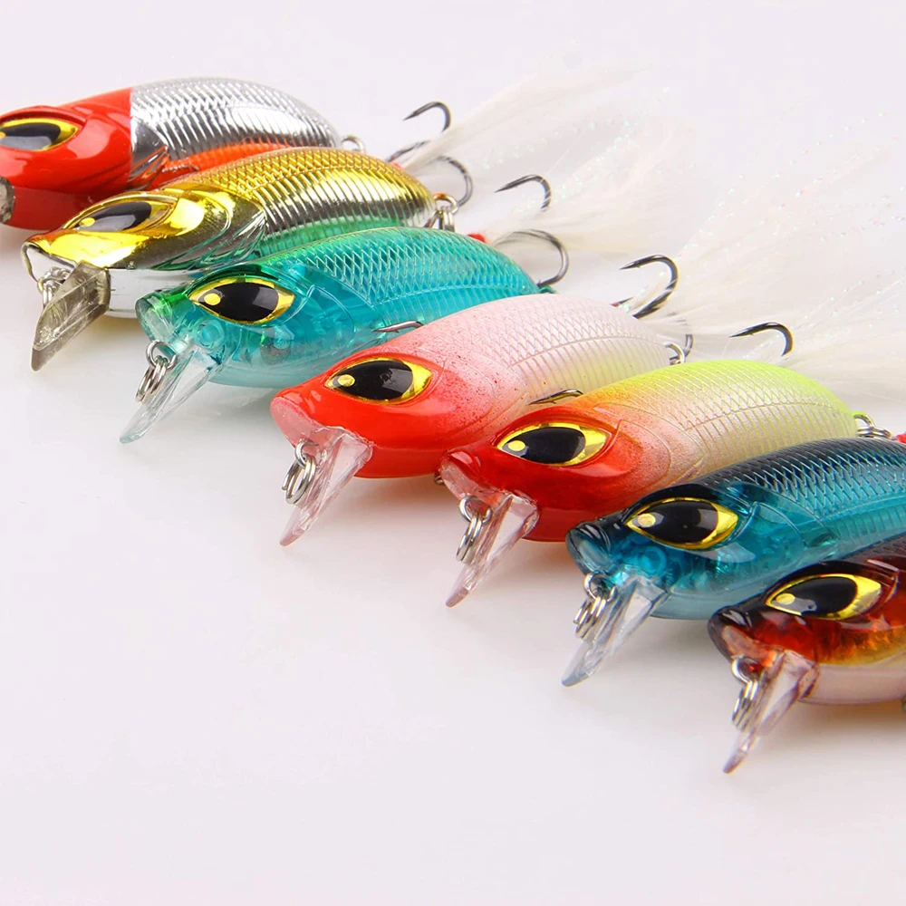 Señuelos de Pesca de lubina, cebo Artificial Crankbait con pluma, anzuelos triples, Lucio, trucha, curricán, aparejos de pesca de agua salada, 7 piezas - imagen 5