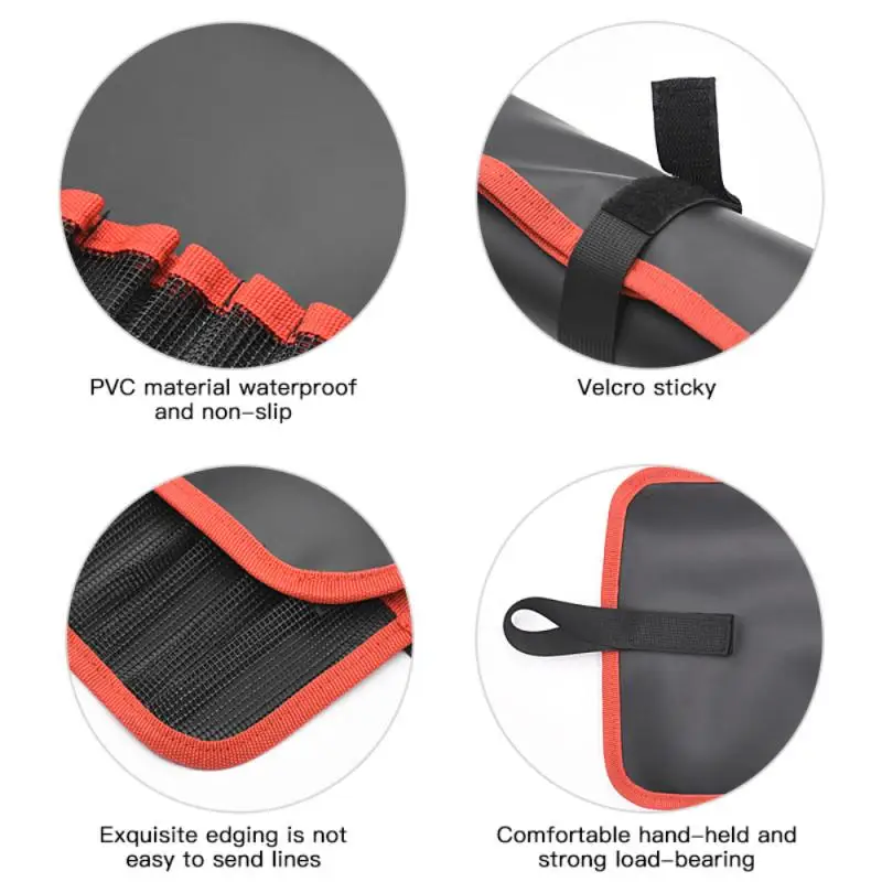 Cuatro inserciones circulares con diferentes características de un producto, que aparenta ser una especie de funda o estuche protector. Cada recuadro resalta un aspecto específico del producto:

1