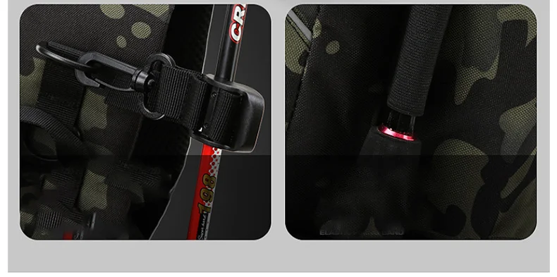 Un objeto negro y rojo está unido a una mochila de camuflaje