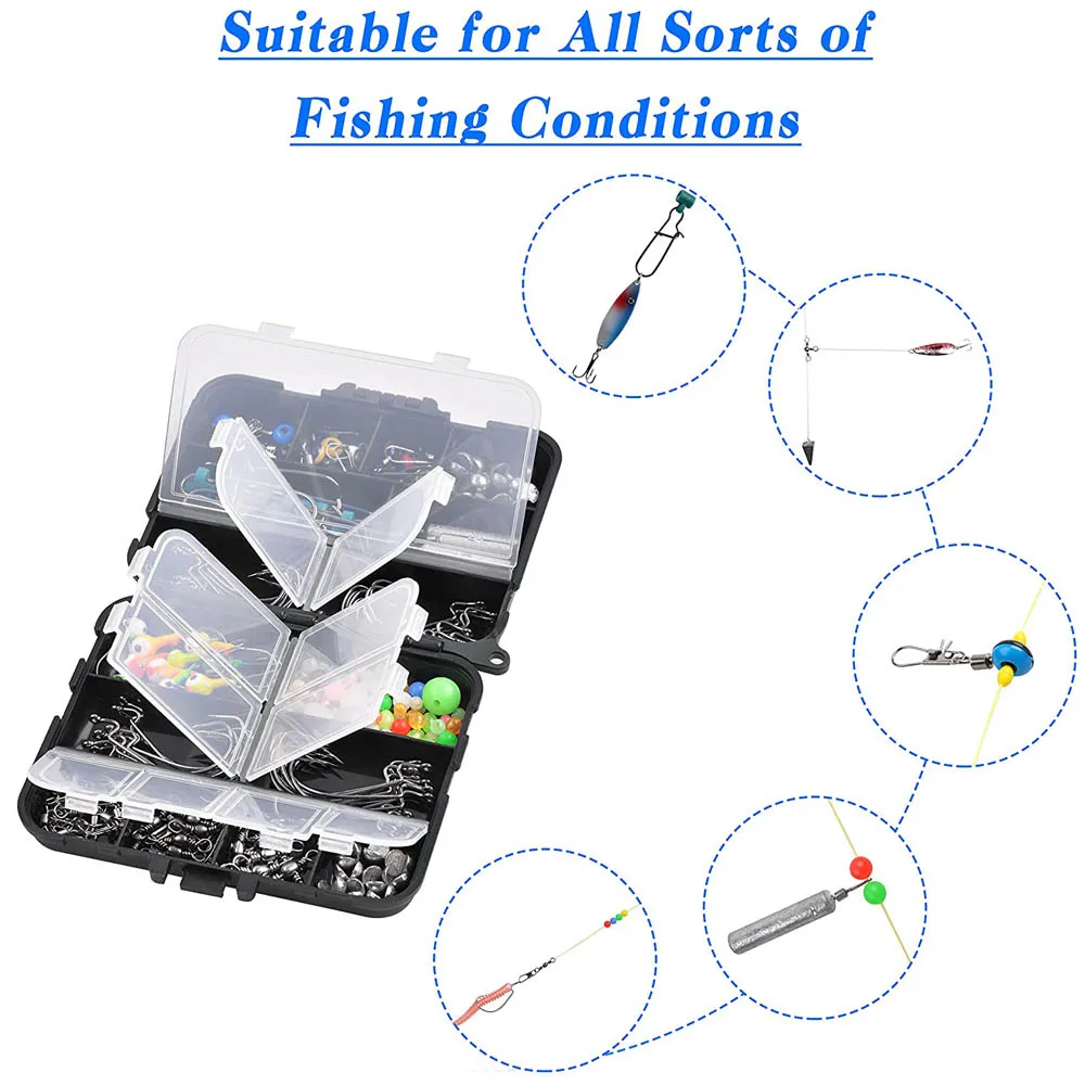 Conjunto de accesorios de pesca, 170 unids/caja, aparejo de tiro, peso, plomo de tiro dividido, conector giratorio de latón, anzuelos de plantilla, caja de aparejos de pesca - imagen 5