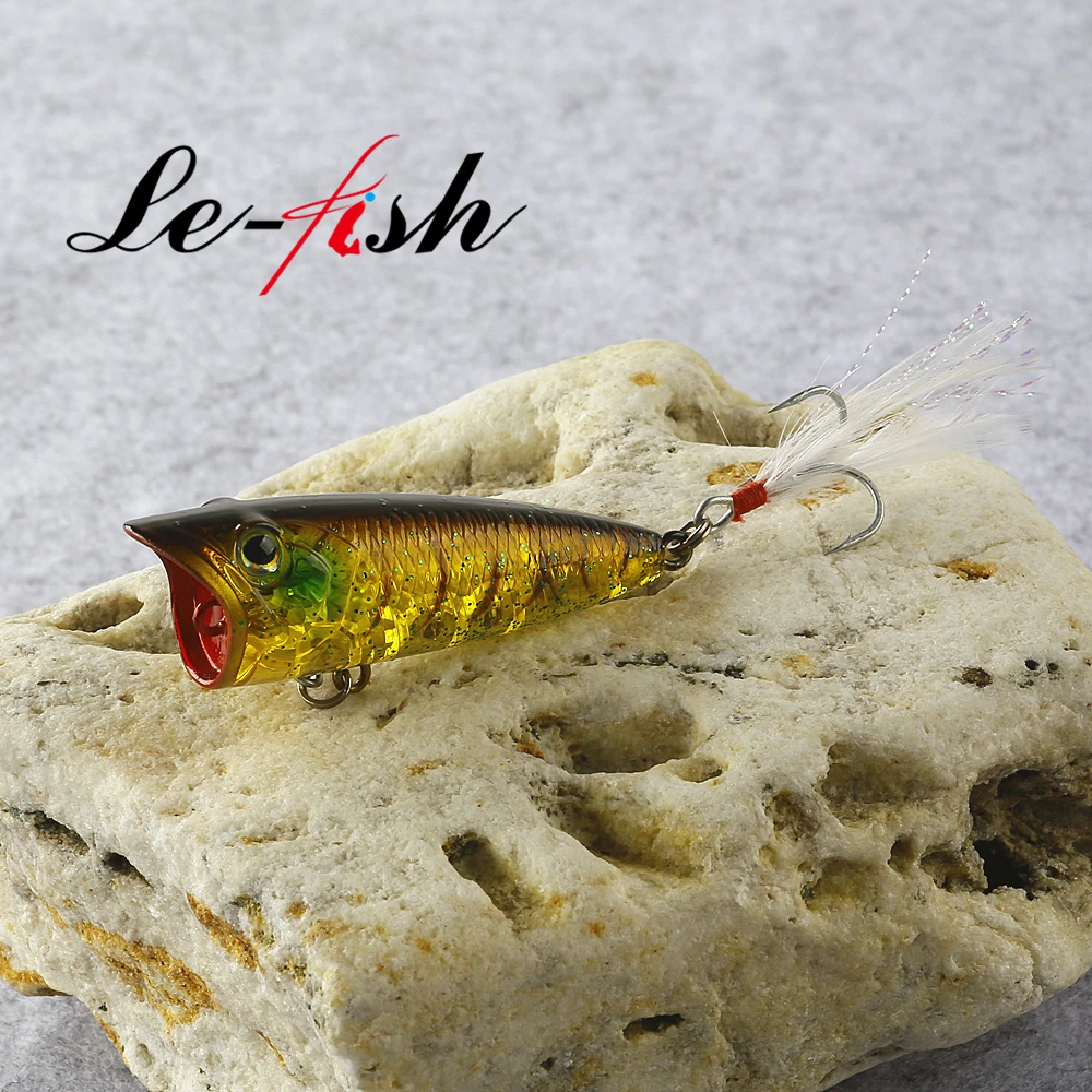 Le fish-Señuelos de Pesca de plástico duro, cebo Artificial de 60mm, 8,4 gTopwater Popper con pluma, anzuelo triple - imagen 2