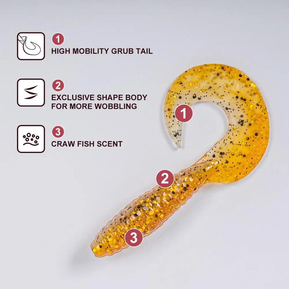 NOEBY Señuelos de Pesca cebo de silicona Finesse Grub 65 80mm 2,5 "3,4" 6 uds señuelo suave Wobbler Grub cola cebo Artificial Señuelos de Pesca - imagen 5