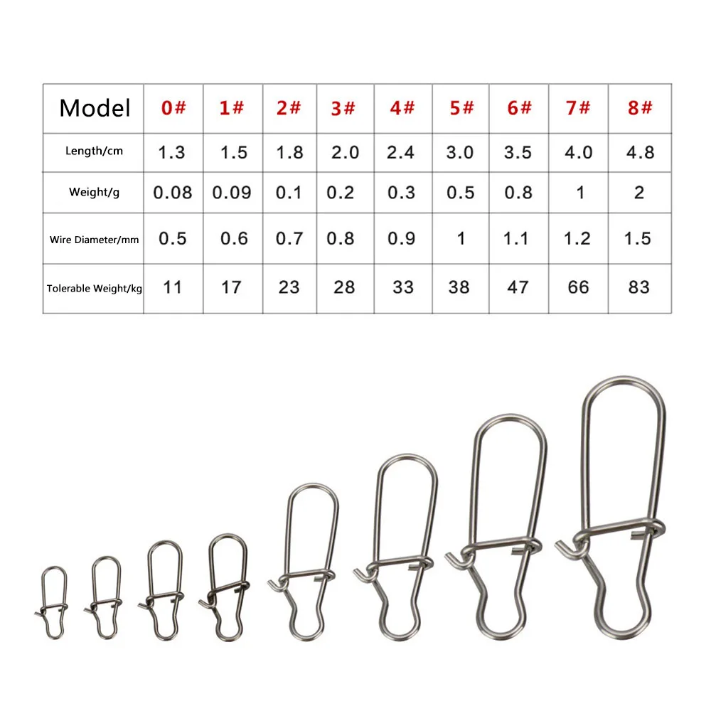 50/100 piezas de acero inoxidable 0 # -8 #   Mezcla de conector de pesca, bloqueo de Clip rápido, anillos giratorios sólidos, broches de seguridad, herramienta de gancho de pesca - imagen 3