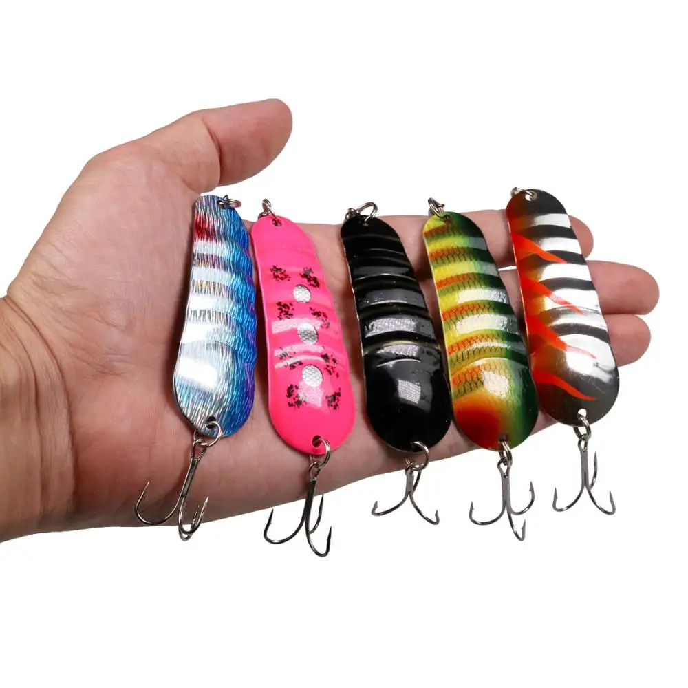 THKFISH-Señuelos de pesca giratorios, 5 uds., para Lucio, trucha, 14g, 20,7g, cebos duros de Metal con anzuelos triples, giratorios, cuchara de pesca
