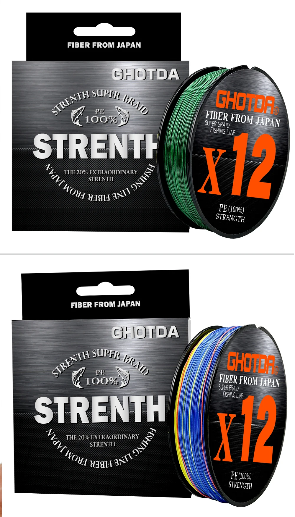 Dos paquetes de hilo de pescar. La marca es Ghotda y el producto es STRENGTH SUPER BRAND. El embalaje indica que el hilo de pescar está fabricado en Japón y es 100% PE (Polietileno).
