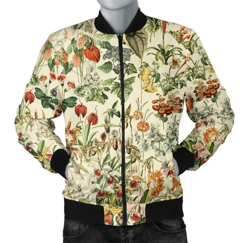 Chaqueta Bomber cálida para hombre con estampado 3D de insectos y flores, prendas de vestir gruesas de invierno con bolsillo de manga larga, chaqueta informal Retro Unisex con cremallera