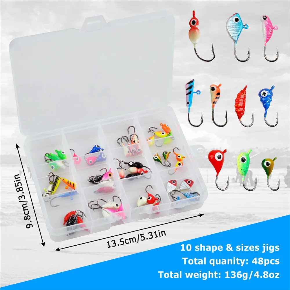 Kits de plantilla de pesca en hielo para invierno, señuelo de pesca en hielo brillante, anzuelos de cabeza para lubina Walleye jigging, 1,2g-2,6g, 24/48 piezas - imagen 5
