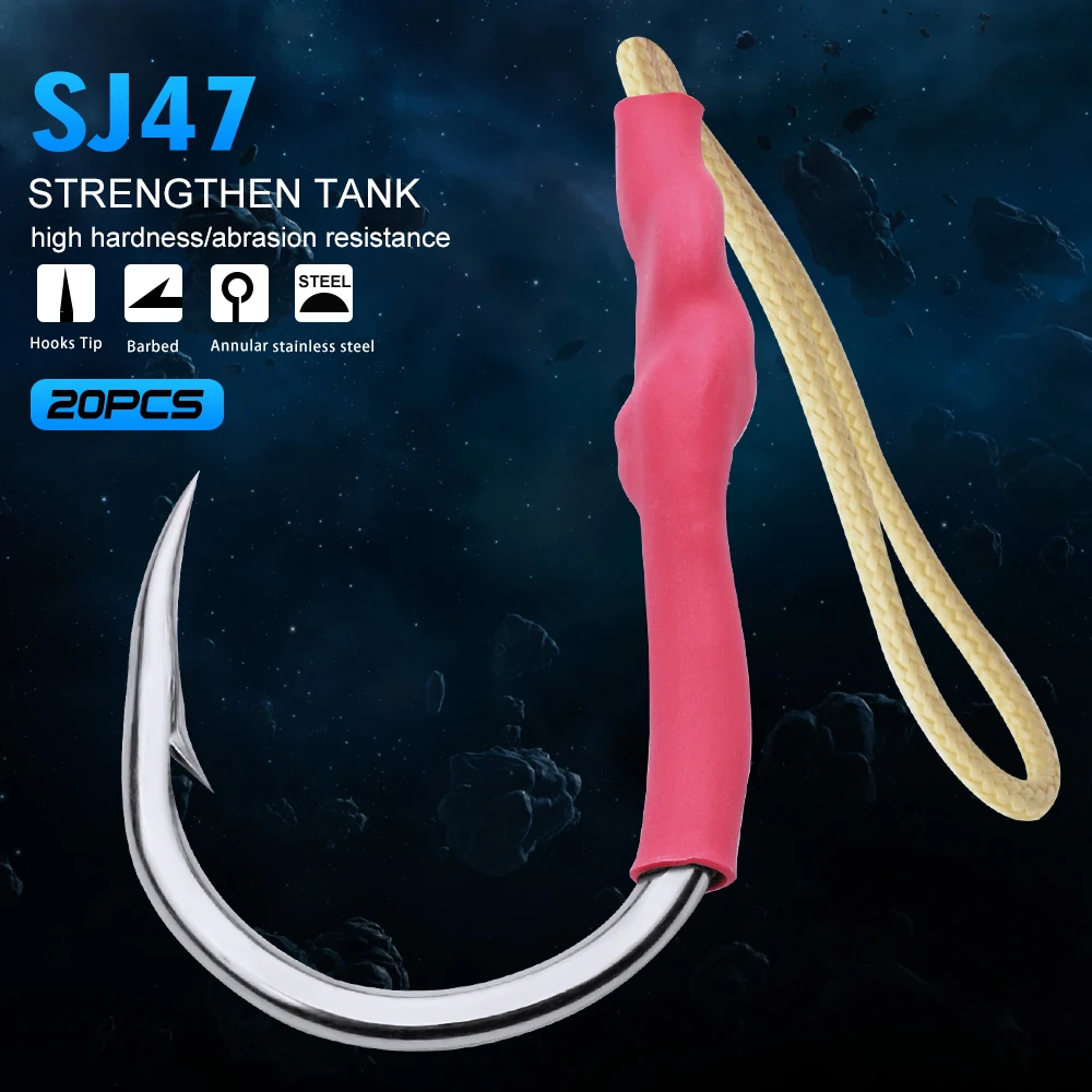 Anzuelos de pesca de acero inoxidable, anzuelos de pesca con línea de PE, anzuelos grandes de pesca de agua salada, 20 unidades, 1/0-13/0 - imagen 2