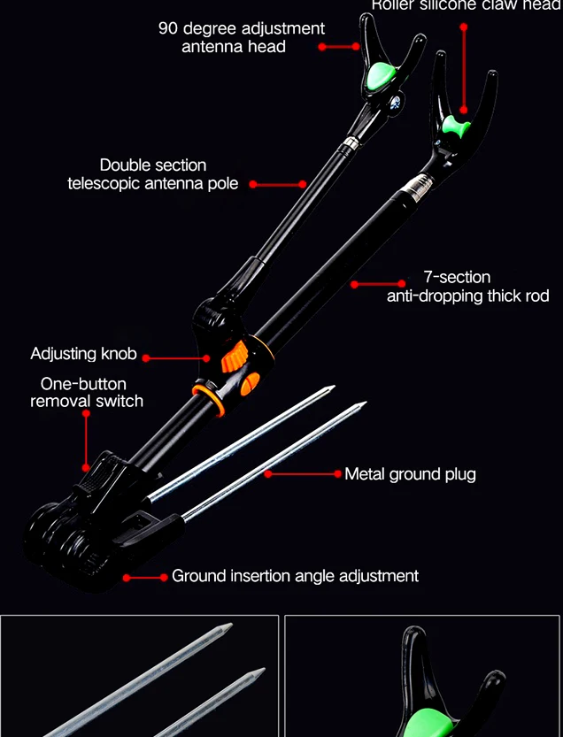 Esta caña de pescar presenta un diseño anti-caída de 7 secciones y una cabeza de antena ajustable de 30 grados para un mejor rendimiento de pesca