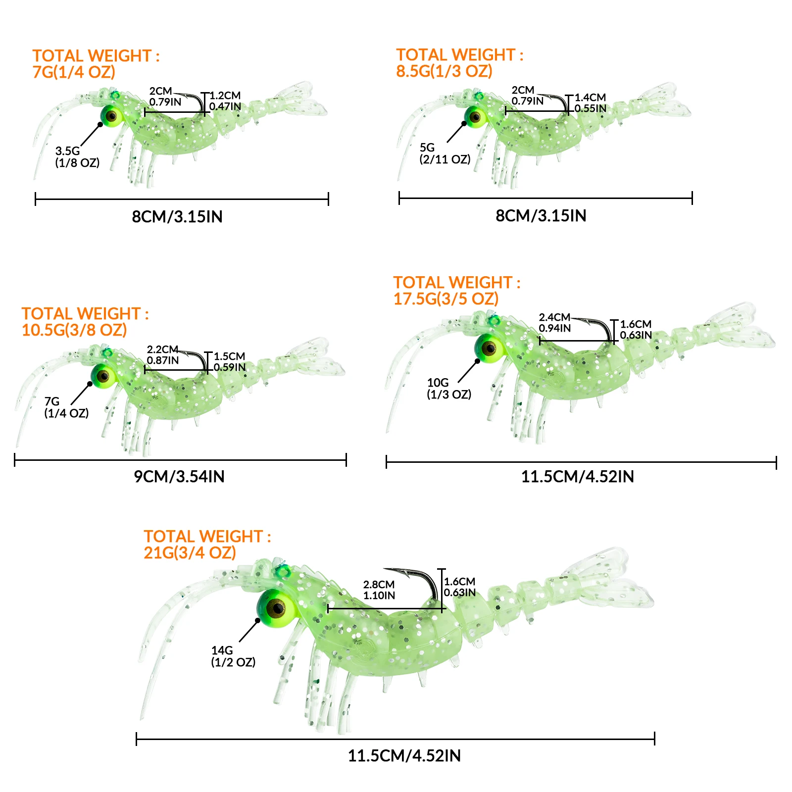 Señuelo suave de camarón luminoso, cebo Artificial de silicona brillante con anzuelos, accesorios para aparejos de pesca, 7g, 8,5g, 10,5g, 17,5g, 21g, 1 ud. - imagen 2