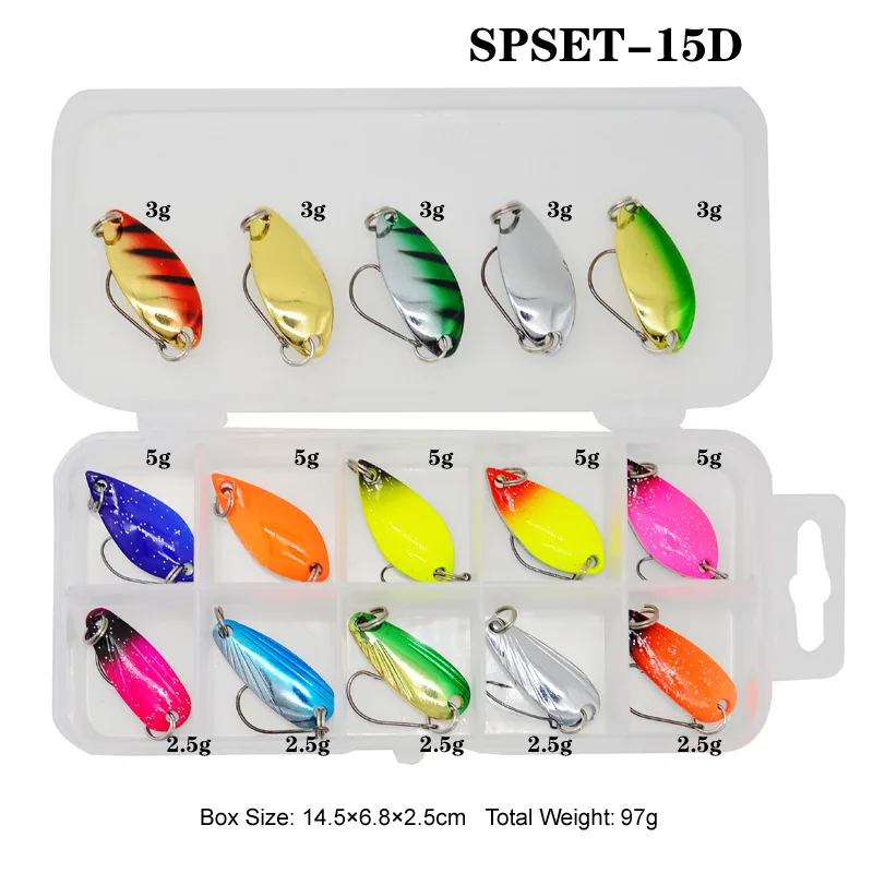 Señuelo de pesca con cucharas, cuchara de Metal, señuelos artificiales, cebo duro de 2-5g, anzuelo individual, juego de 15 piezas, venta - imagen 5