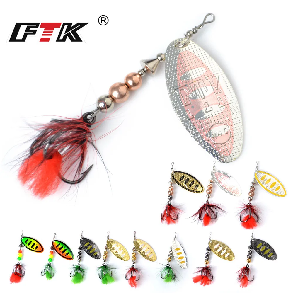 FTK-señuelo de pesca de Metal, cebo giratorio de 8g/14g/20g, cebo duro, señuelos tipo cuchara con anzuelos triples de plumas, aparejos de pesca de Lucio y carpa - imagen 5