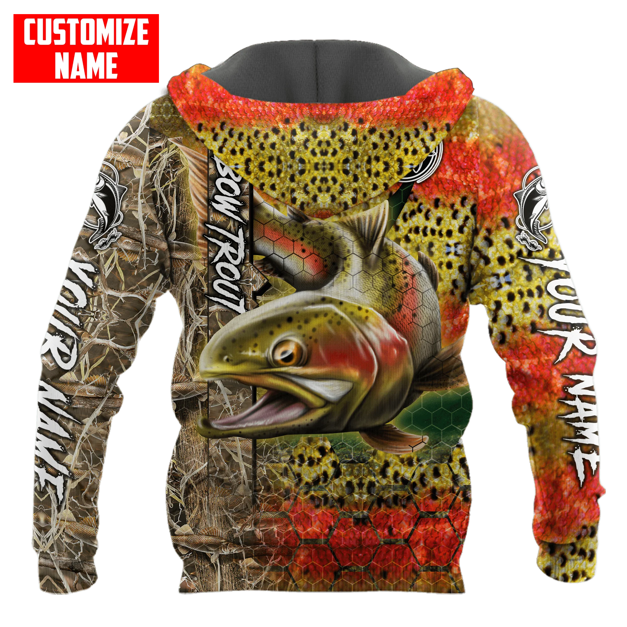 Sudadera con capucha y sudadera para hombre con estampado 3D de camuflaje de piel de pesca de trucha, sudaderas con cremallera Unisex de otoño, ropa de calle informal KJ834 - imagen 5
