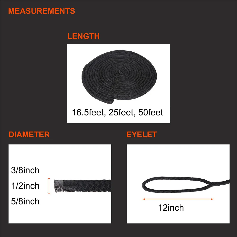 Cuerda de amarre de nailon para barco, cuerda de acoplamiento de doble trenza negra, 16,5 pies, 25 pies, 50 pies, 1 unidad/3 piezas - imagen 2