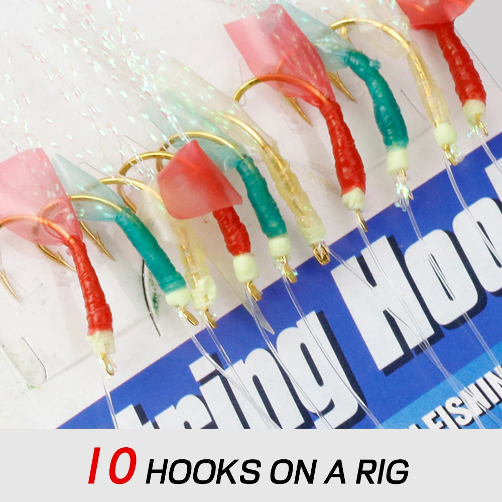 Elllv-señuelo de piel de pez de simulación Multicolor, aparejo Sabiki de pesca en barco, cebo con conector giratorio a presión, 10 ganchos - imagen 4