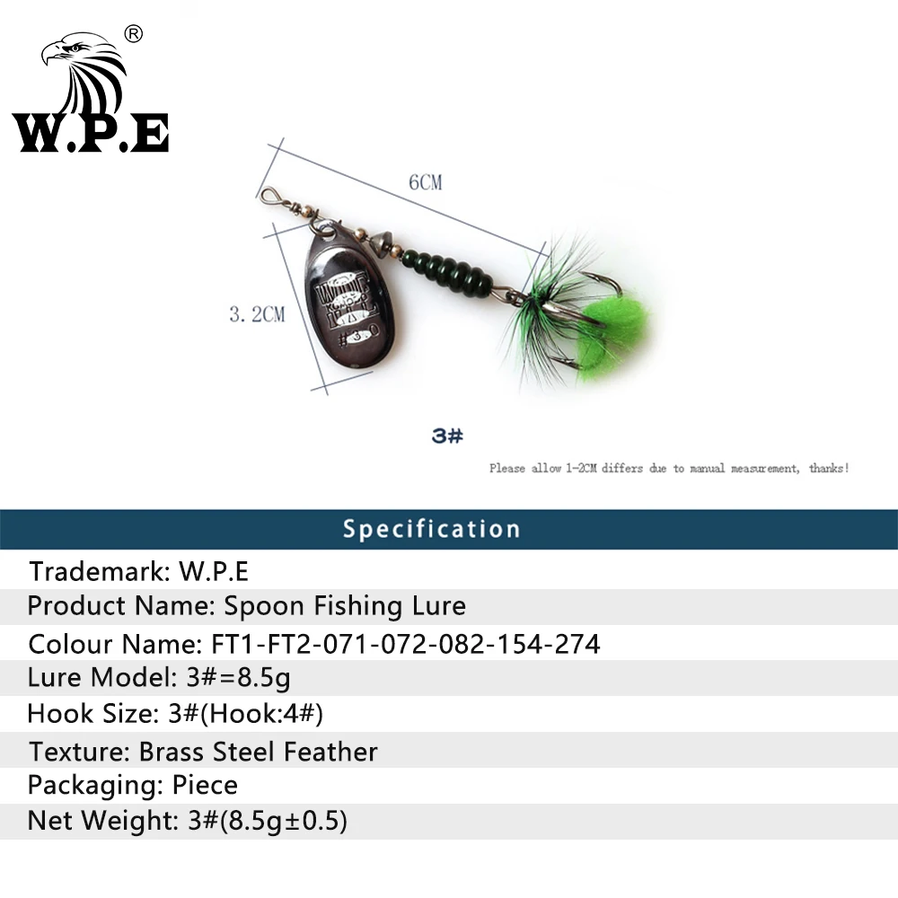 W.P.E KOMODO-señuelo giratorio de 2 piezas, 8,5g, cuchara de Metal de latón, señuelo de pesca de pluma, gancho triple, señuelo de lubina, cebo duro, aparejos de pesca, Lucio - imagen 2