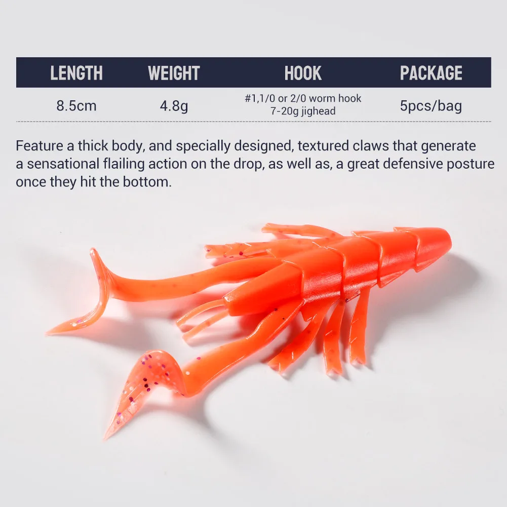 NOEBY-Soft Silicone Fishing Lure, Crayfish Wobblers, Shrimp Worm, Jig for Bass Fishing, Craw, 8.5cm, 4.8g，5pcs - imagen 2
