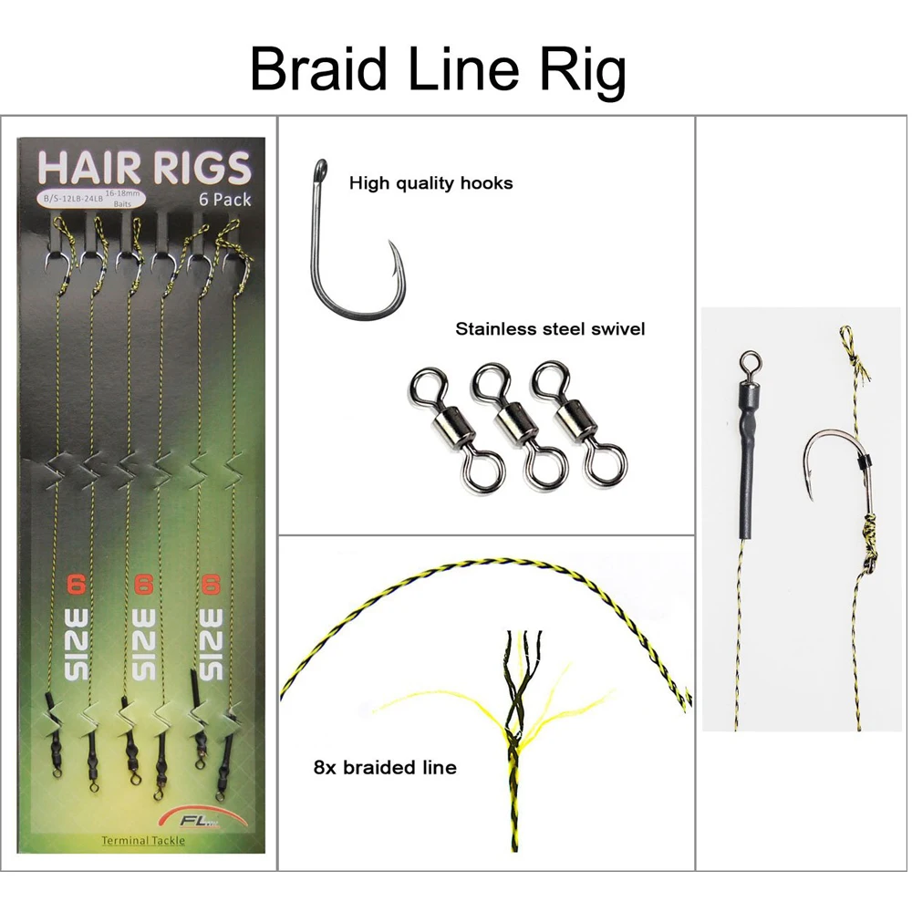 Anzuelo de pesca de carpa con línea trenzada, kit de aparejo de carpa, gancho listo para usar, aparejos de pesca de carpa 2 #4 #6 #, 72 piezas = 12 paquetes - imagen 4