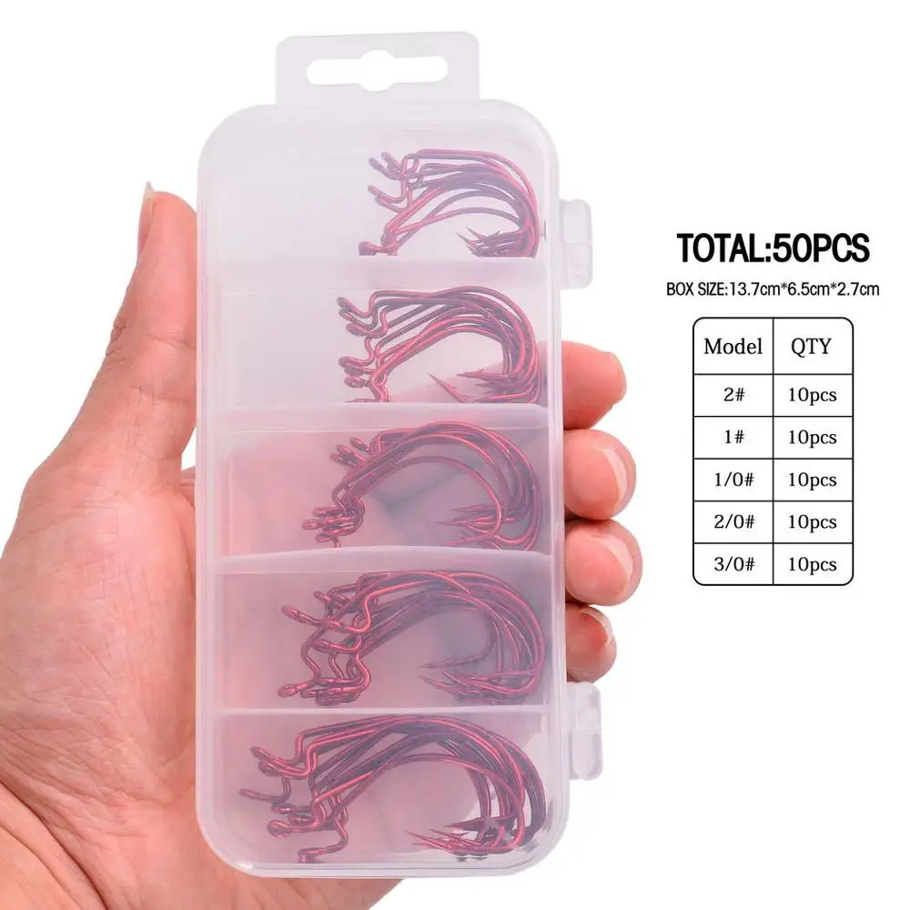 Anzuelo de Pesca de 50 unids/caja 2 #1 #1/0 #2/0 #3/0 #, gancho de manivela para gusano blando, cebo, Crankbait, accesorios de aparejos de Pesca - imagen 2