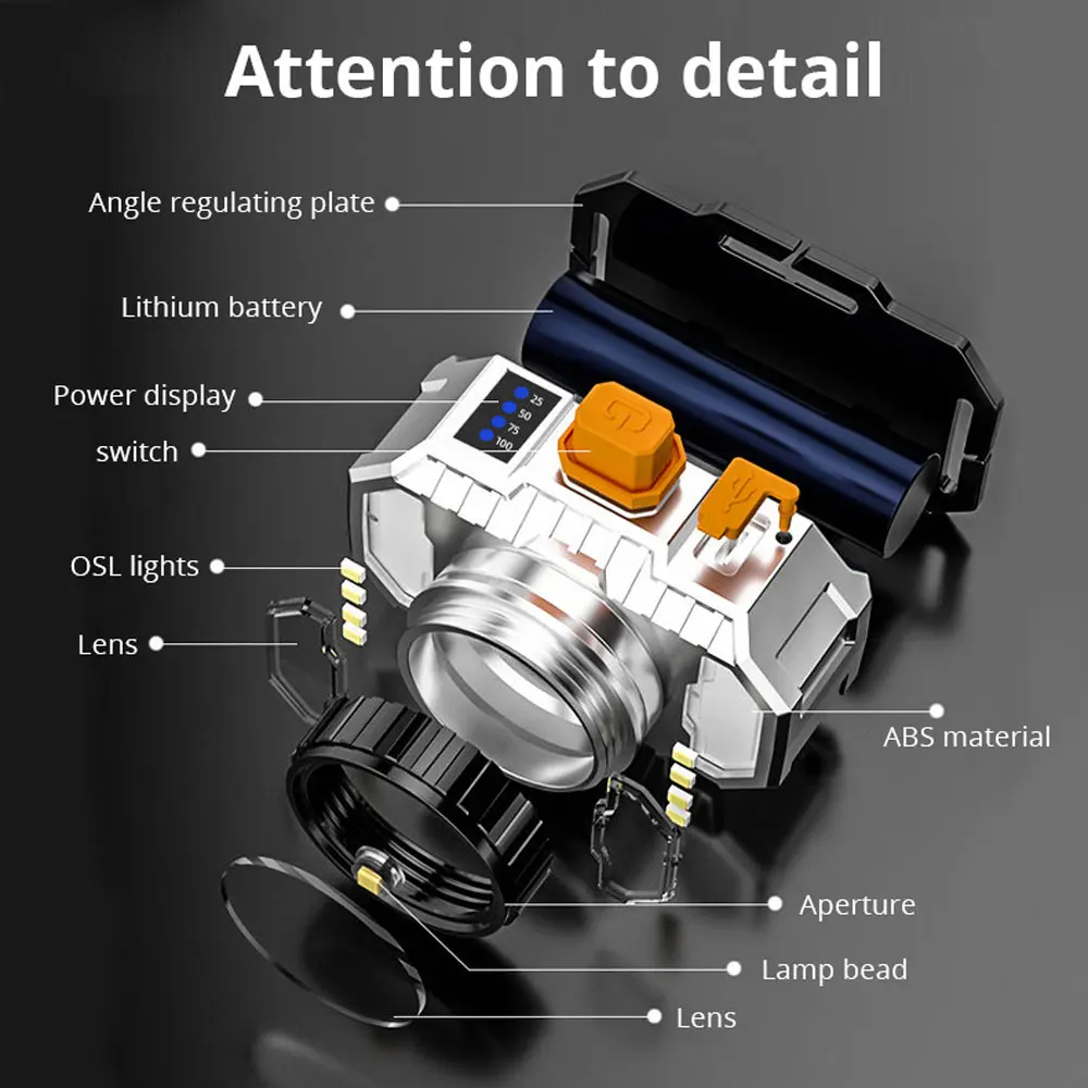 Linterna frontal T20 superpotente con batería integrada, linterna LED recargable por USB, multifuncional, resistente al agua, para acampar al aire libre - imagen 4