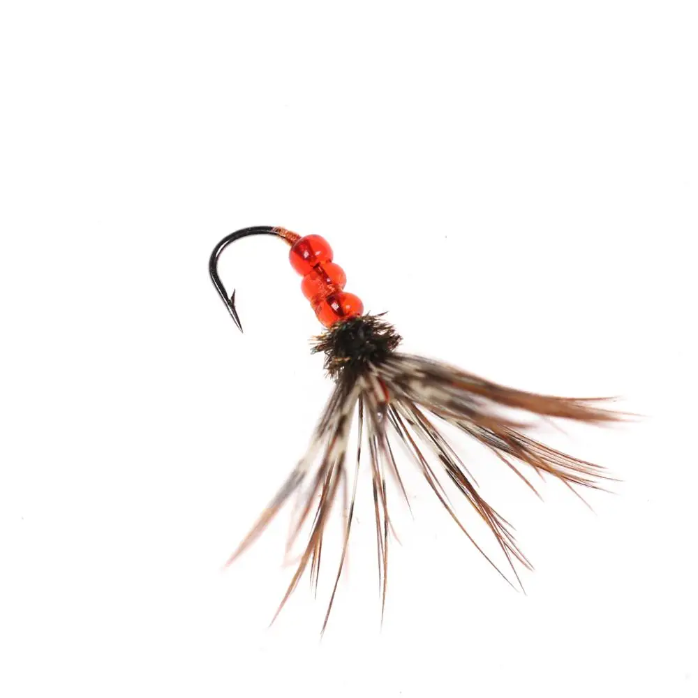 Bimoo 6PCS # 12 moscas de pesca Tenkara rojas y verdes con cuentagotas de cuentas de plástico, moscas de pesca de trucha arcoíris de Brook marrón Simple - imagen 3