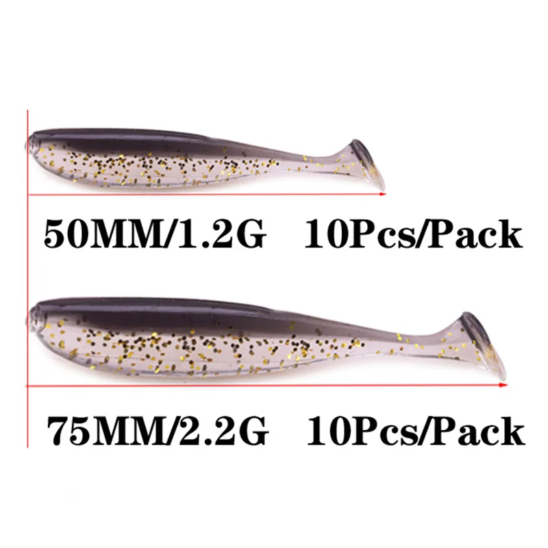 Cebos blandos Wobblers de cola en T, cebos blandos de 50mm 75mm, Señuelos de Pesca de silicona de dos colores, cebo Artificial para carpa, aparejos de pesca de lubina, 10 unids/lote - imagen 2