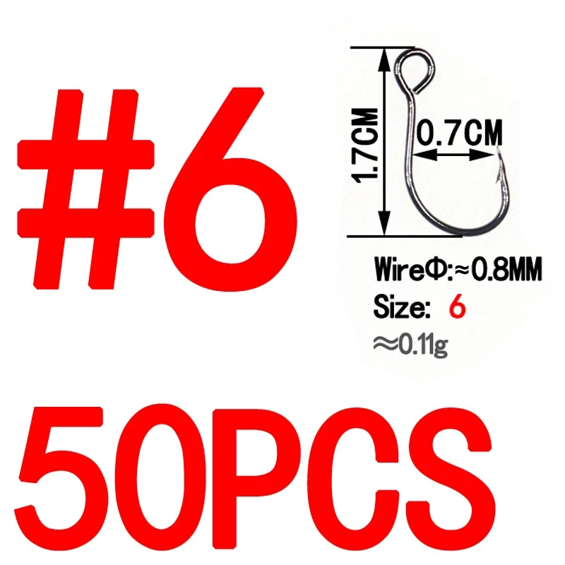 Bimoo-anzuelos de repuesto para señuelo de pesca, 50 piezas, en línea, tamaño 1, 2, 4, 6, 8, acero de alto carbono - imagen 5