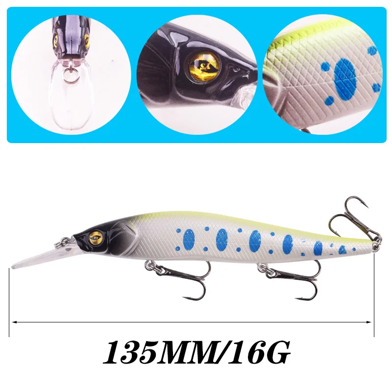 Señuelos de Pesca de pececillos, cebo duro flotante, 16g Wobblers 13,5 cm, cebos artificiales con anzuelos triples, aparejos de carpa, 1 ud. - imagen 2