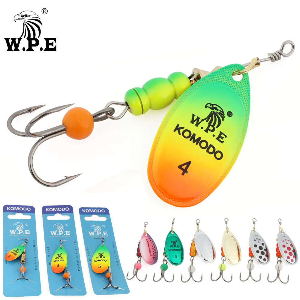 W.P.E-señuelo de Pesca giratorio, cuchara, 3 #/4 #/5 #6,8g/9,5g/13,4g, latón, cobre, Metal, anzuelo triple, señuelo de lubina, aparejos de Pesca, 1 unidad