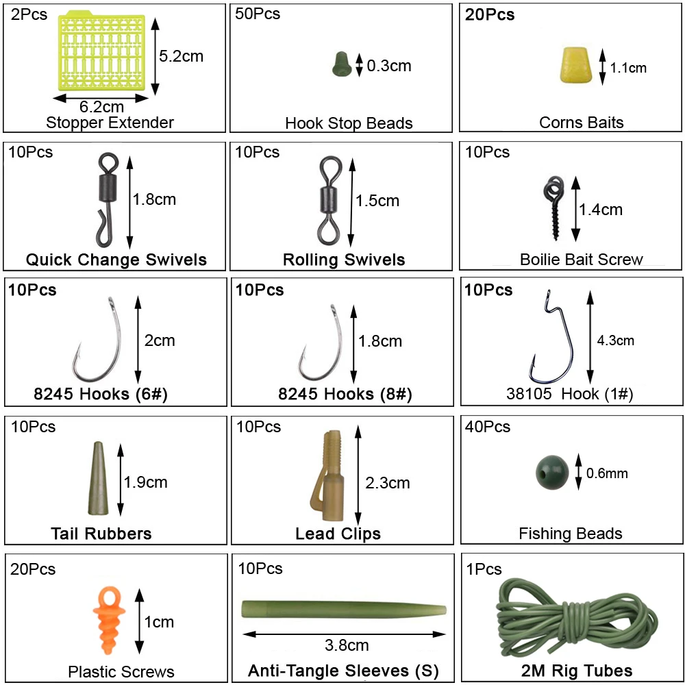 Kit de accesorios de aparejos de pesca de carpa, 226 unids/caja, incluye manga antienredos, gancho de goma, cuentas de parada, tornillo de cebo Boilie - imagen 3