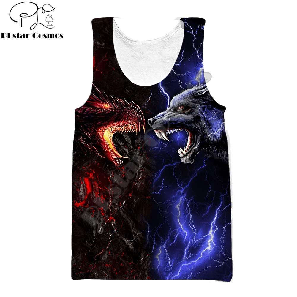 Chaleco con estampado 3D de dragón y lobo rojo/azul para hombre, camiseta sin mangas a la moda Harajuku, ropa de calle de verano, camiseta sin mangas Unisex fresca BX011