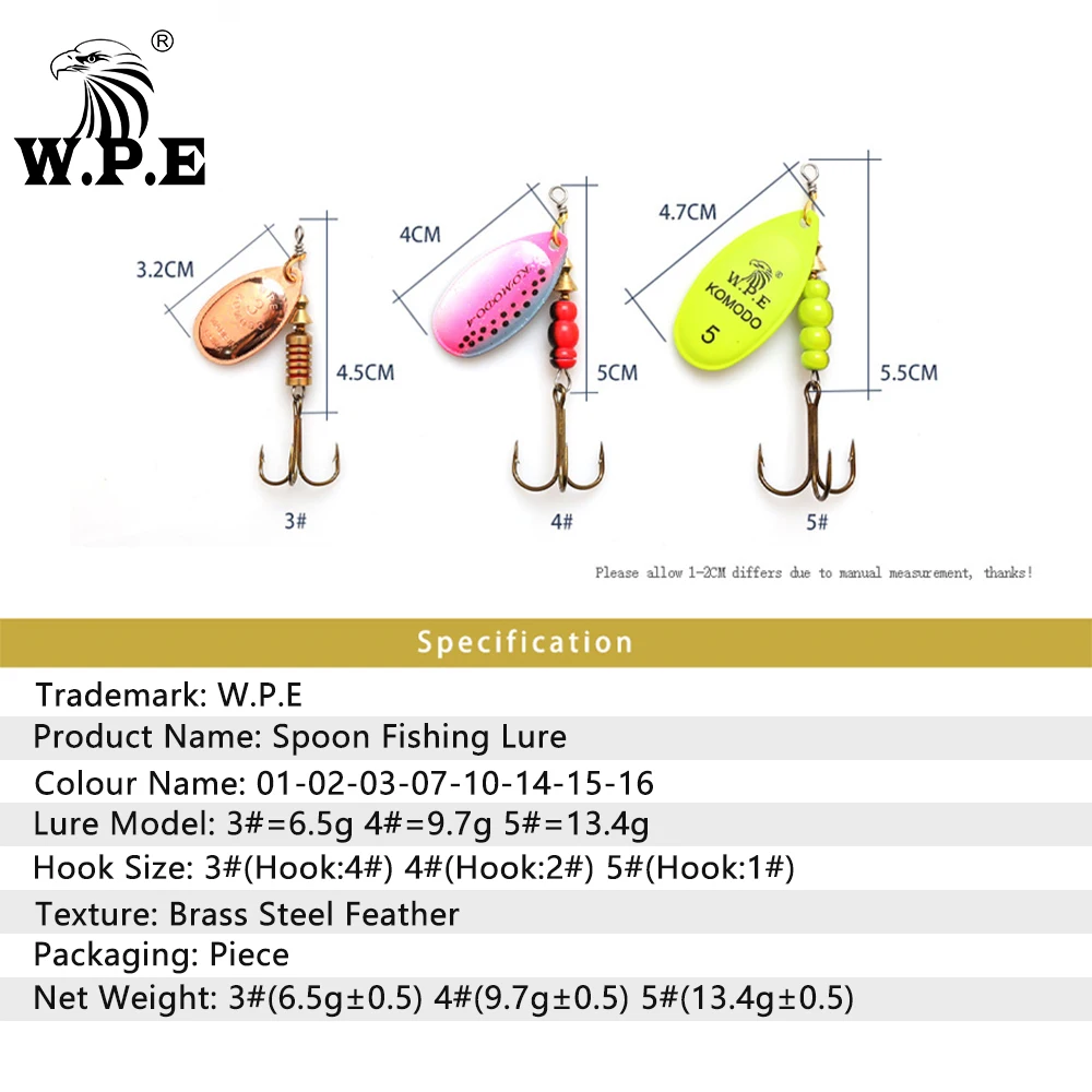 W.P.E marca 1 Uds señuelo giratorio 6,5g/9,7g/13,4g cebo de pesca de lubina señuelo cuchara de Metal anzuelo triple aparejos de pesca señuelo duro CrankBaits - imagen 4