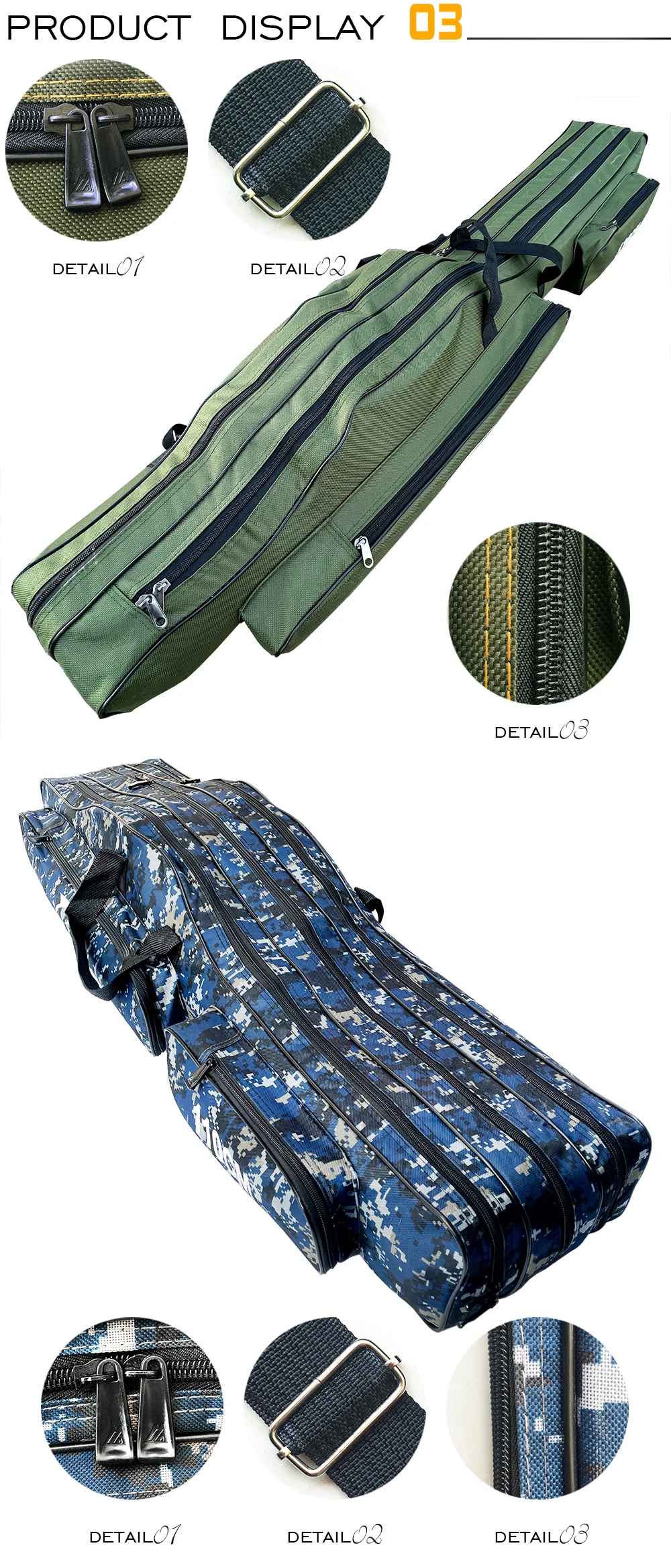 Una exhibición de producto de un saco de dormir. El saco de dormir se presenta en dos patrones de colores diferentes: uno con diseño de camuflaje y el otro con un color verde oliva liso.