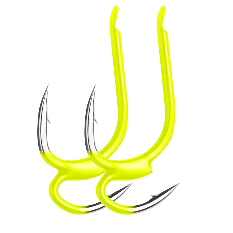 Anzuelo de Pesca de 10 piezas, anzuelo de lucha afilado con púas, de acero al carbono, color amarillo, de dos puntas resistentes