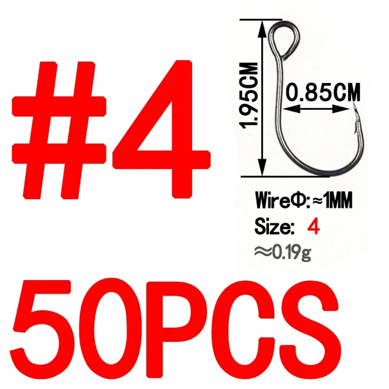Bimoo-anzuelos de repuesto para señuelo de pesca, 50 piezas, en línea, tamaño 1, 2, 4, 6, 8, acero de alto carbono - imagen 5