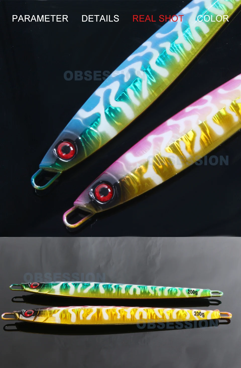 Una colección de señuelos, que son cebos artificiales utilizados en la pesca. Estos señuelos están diseñados para parecerse a los peces y, a menudo, se utilizan para atraer y capturar peces.