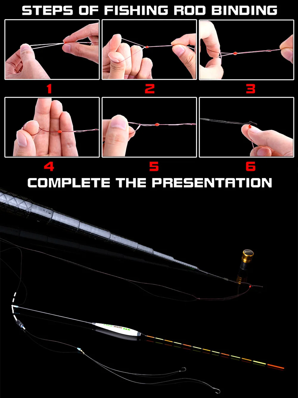 Una guía paso a paso sobre cómo atar una caña de pescar. Es un tutorial visual con seis pasos numerados, cada uno de los cuales representa una etapa diferente del proceso. Los pasos implican envolver un hilo o cinta alrededor de la varilla para asegurar los componentes en su lugar.