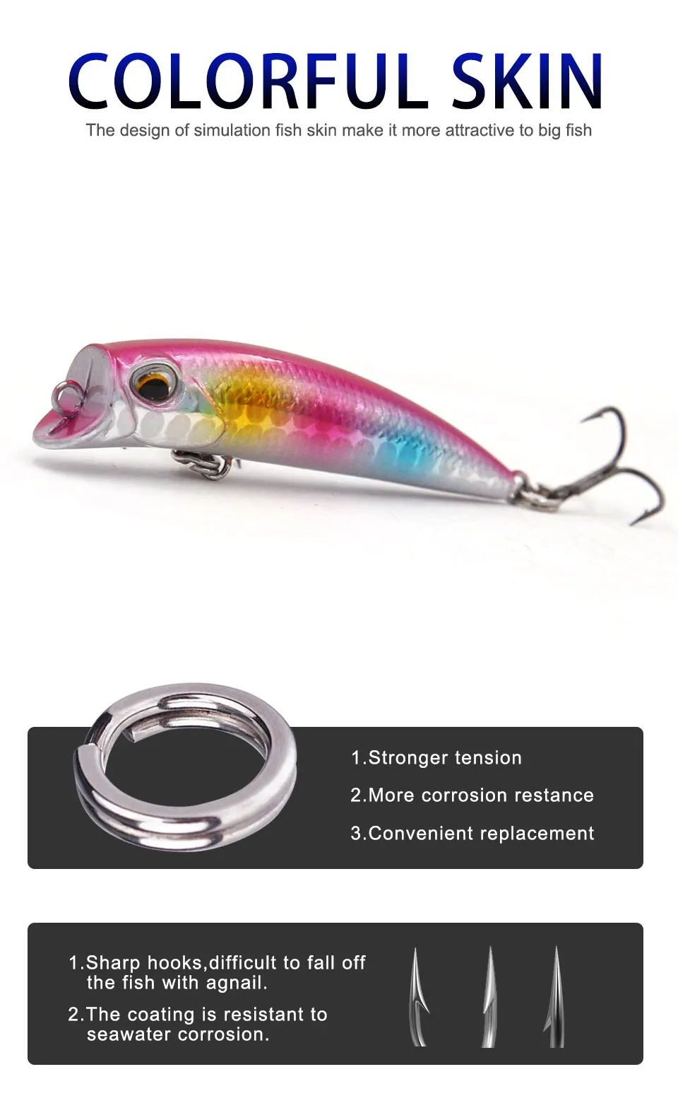 Experimente el diseño vibrante y duradero de nuestros coloridos ganchos de pescado para una aventura de pesca más efectiva