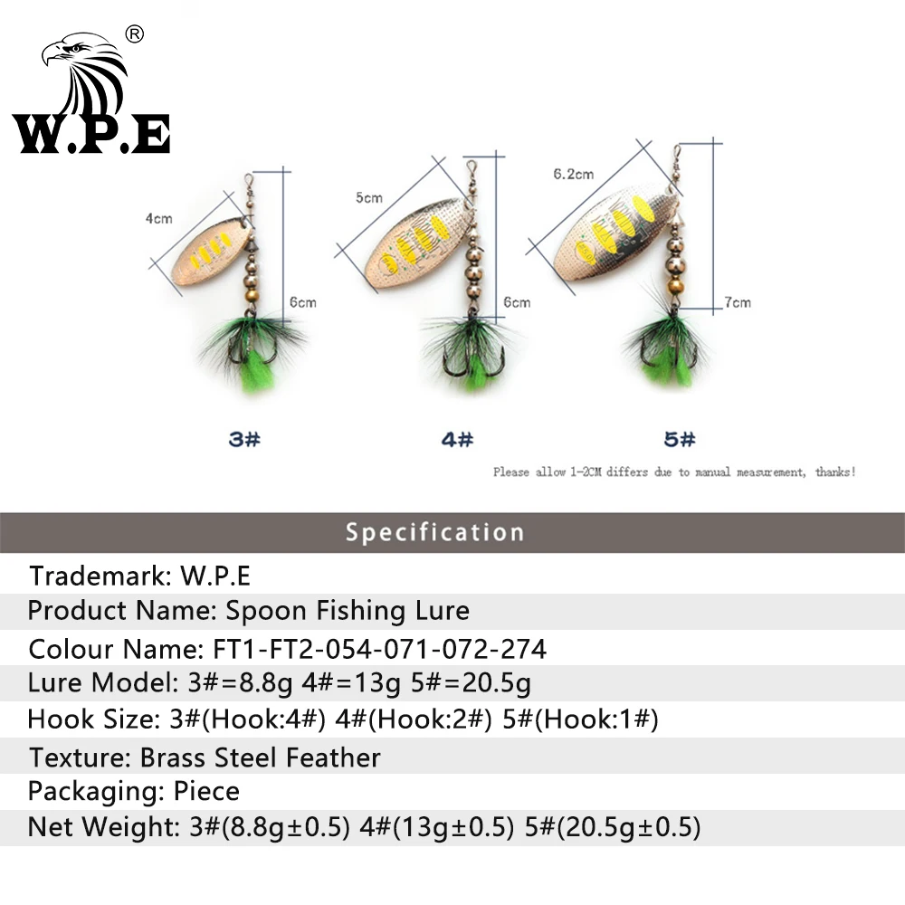 W.P.E-señuelo giratorio, 1 Uds., 8,8g/13g/20,5g, cuchara de Metal, cebo duro, pluma, cebo de pesca de carpa, aparejos de pesca, Lucio Wobblers - imagen 5
