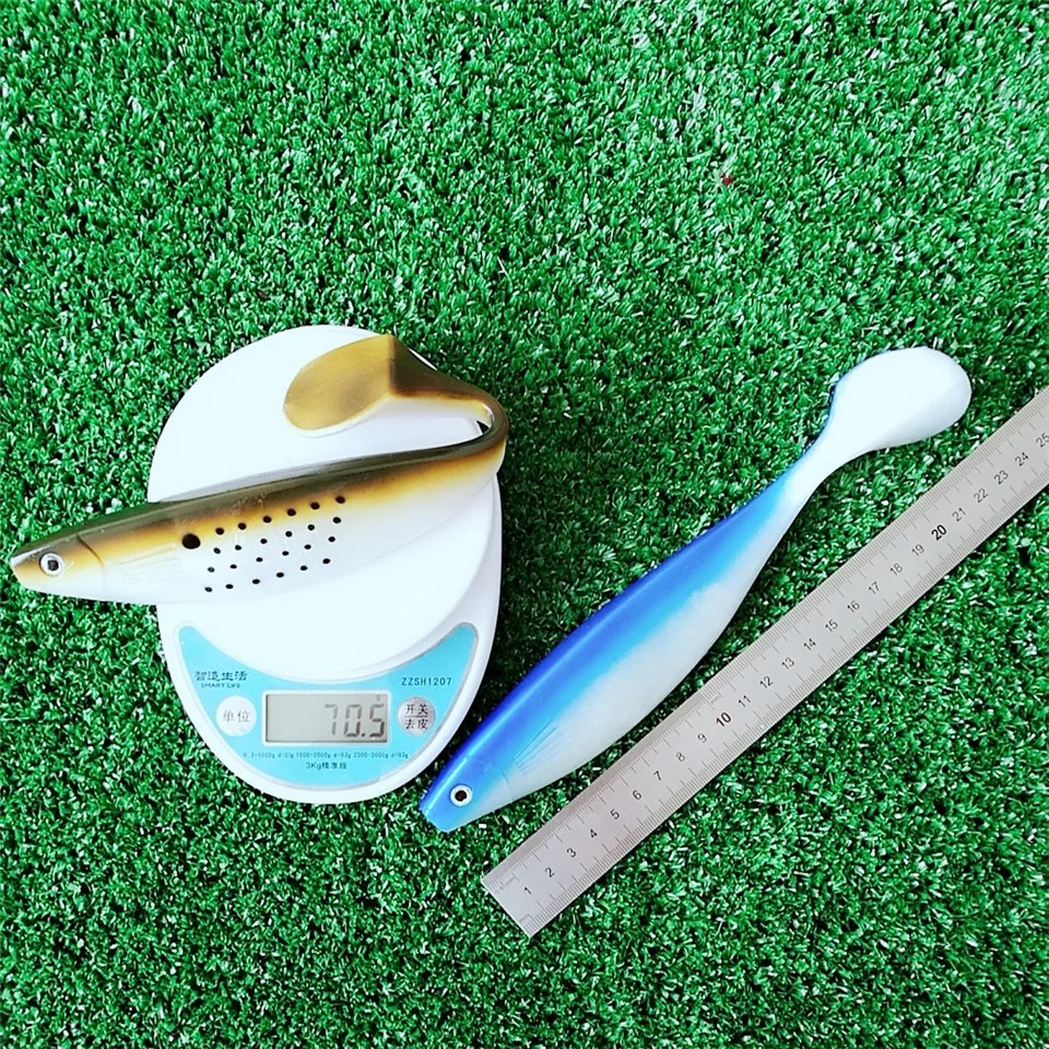 Señuelo de Pesca de Mar suave, cebo Artificial de goma, Swimbait, cola T, curricán, lubina, gusano, 7 colores, 23cm, 70g - imagen 2